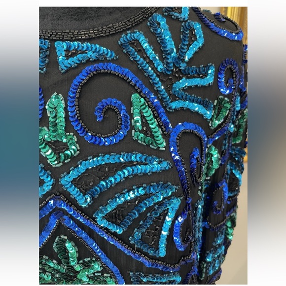 Laurence Kazar ladies size 1X black blue green evening glam top 100% silk sequin - Picture 4 of 10